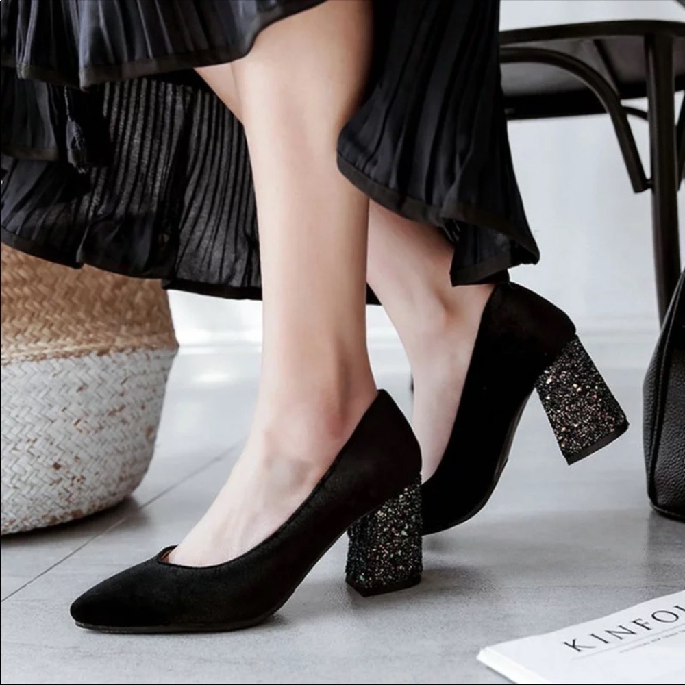 Velvet Glitter Block Heel Pumps Holiday Party Shoes Multiple Colors